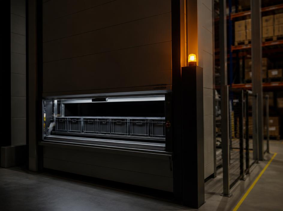 A stopped storage machine with a warning beacon lit