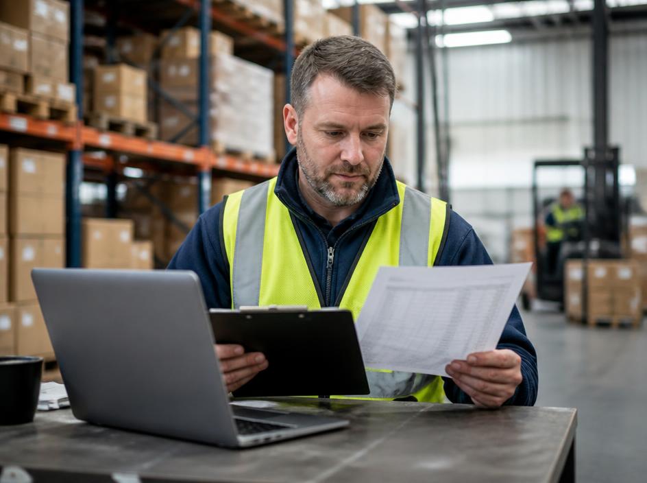 A supervisor reconciling a printed stock list against a laptop
